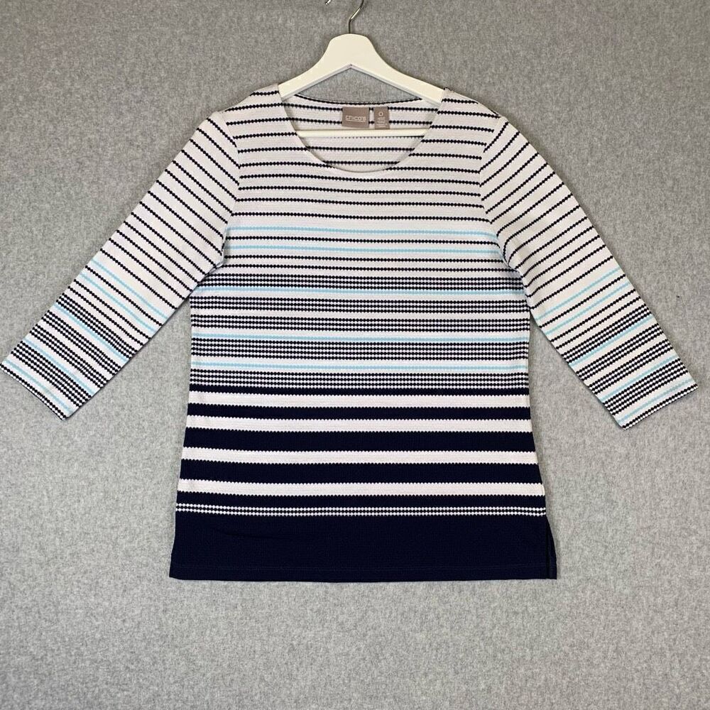 Chicos Women’s Size 0 Medium Striped Knit Sweater Multicolor 3/4 Sleeve